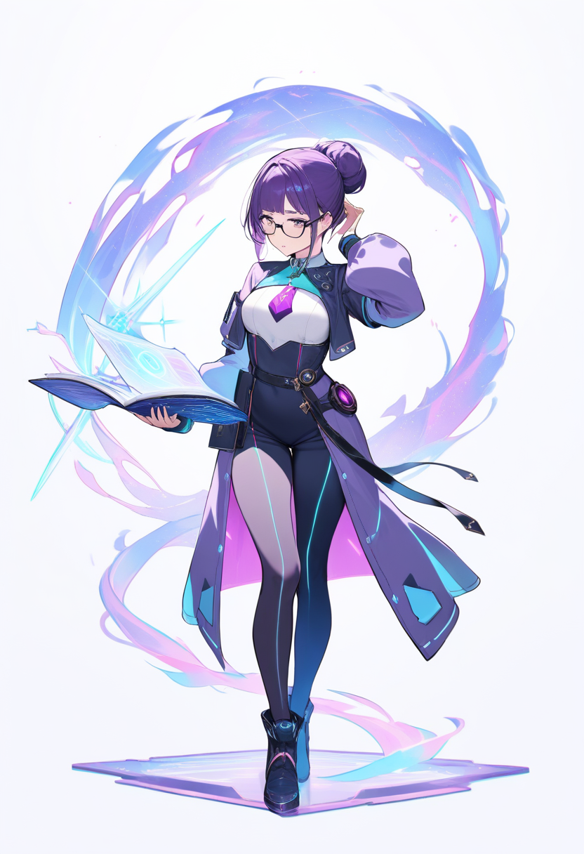 An erudition path scholar in futuristic outfit with glasses, purple hair in bun, holographic book and starry energy