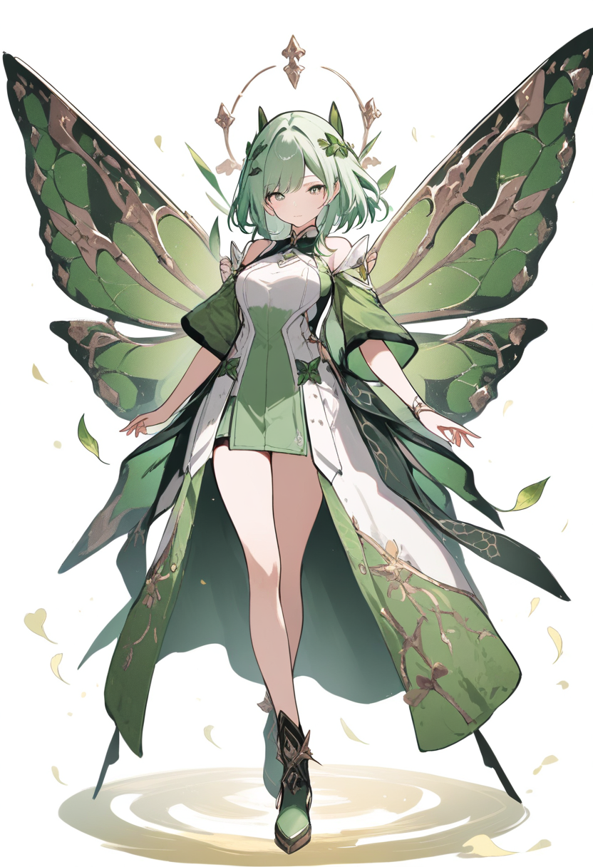 An abundance path character in nature-tech hybrid outfit, green hair, mechanical butterfly wings, vine motifs in a graceful pose