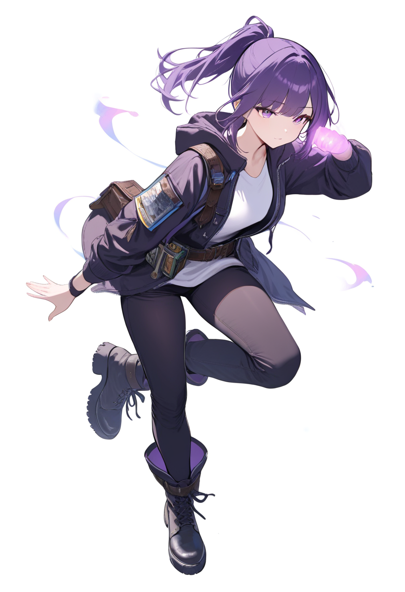 A phantom troupe member in black coat with spider symbol, short purple hair, nen conjurer chains in a mysterious standing pose