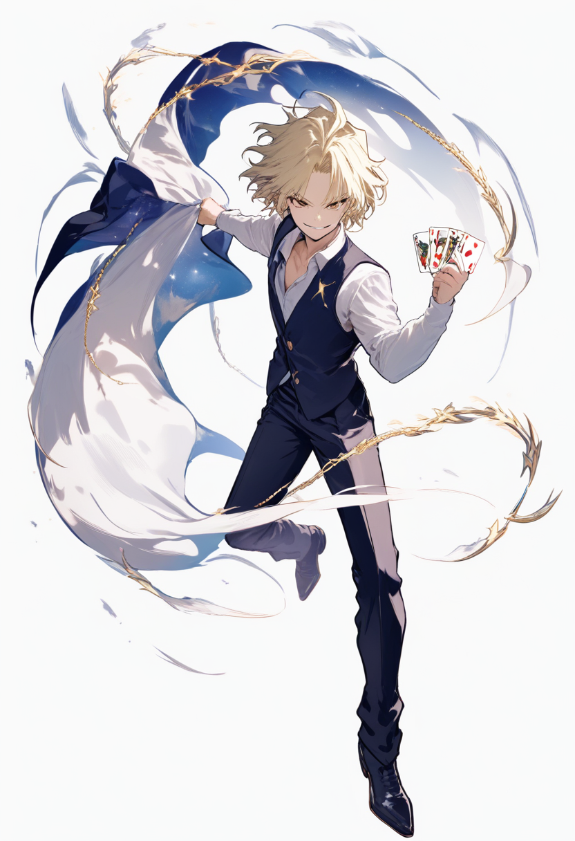 A hunter association member in professional suit, long blonde hair, nen emitter aura blast, hunter license card, confident pose