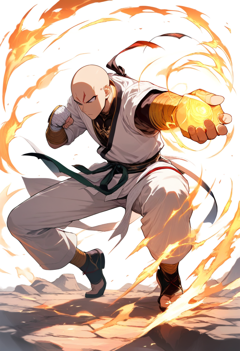 A heavens arena fighter in martial arts gi, bandaged fists, bald head, nen transmuter flame fists in a fighting stance