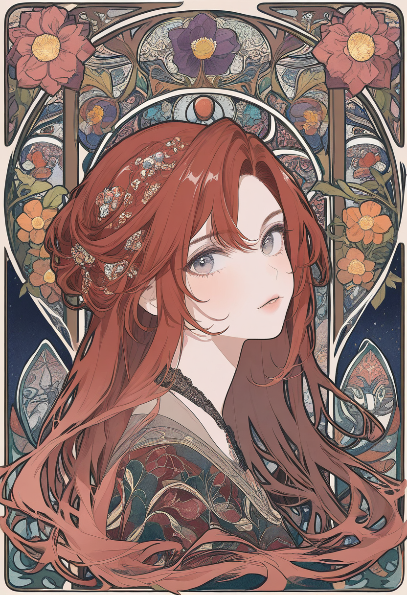 Elegant portrait of a young woman with flowing auburn hair, art nouveau frame, intricate floral patterns, muted jewel tones