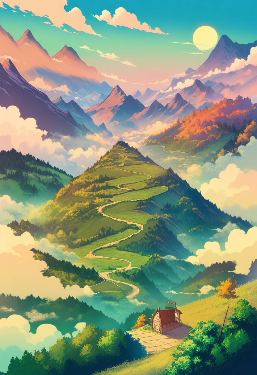 Sweeping mountain landscape at dawn, misty valleys below, a lone traveler on a winding path, Studio Ghibli-inspired palette