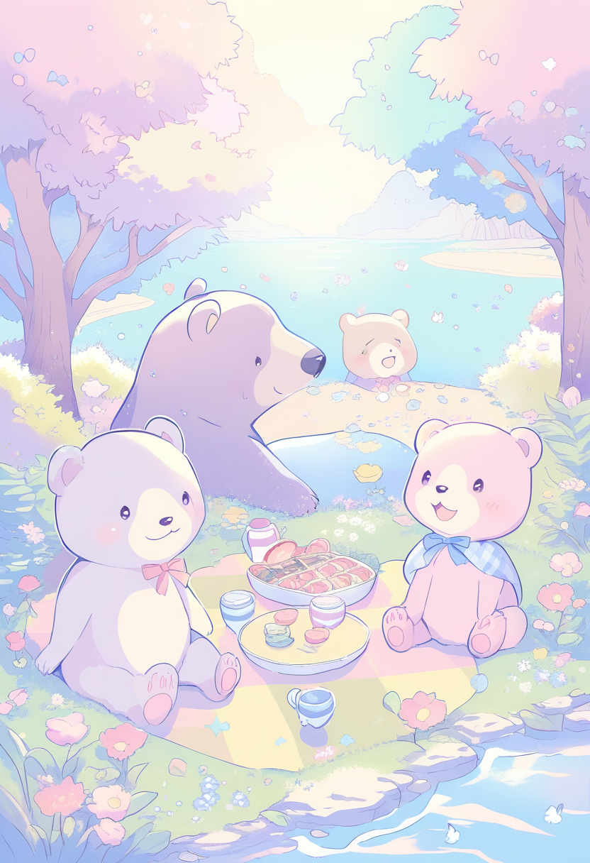 Cozy children's book illustration of a bear family having a picnic by a sunlit river, friendly woodland animals watching, pastel colors