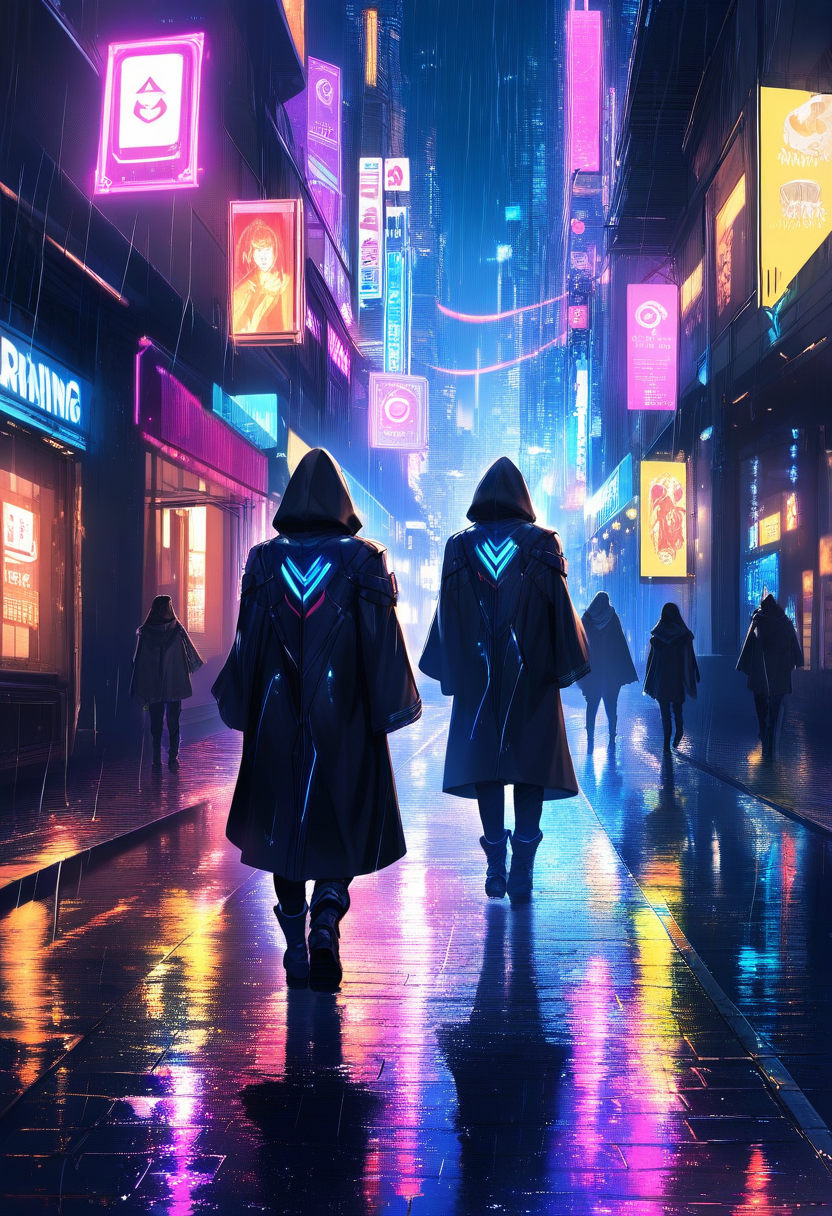 Cyberpunk concept art of a neon-lit market alley, holographic signs, a cloaked figure browsing stalls, rain reflections on the pavement