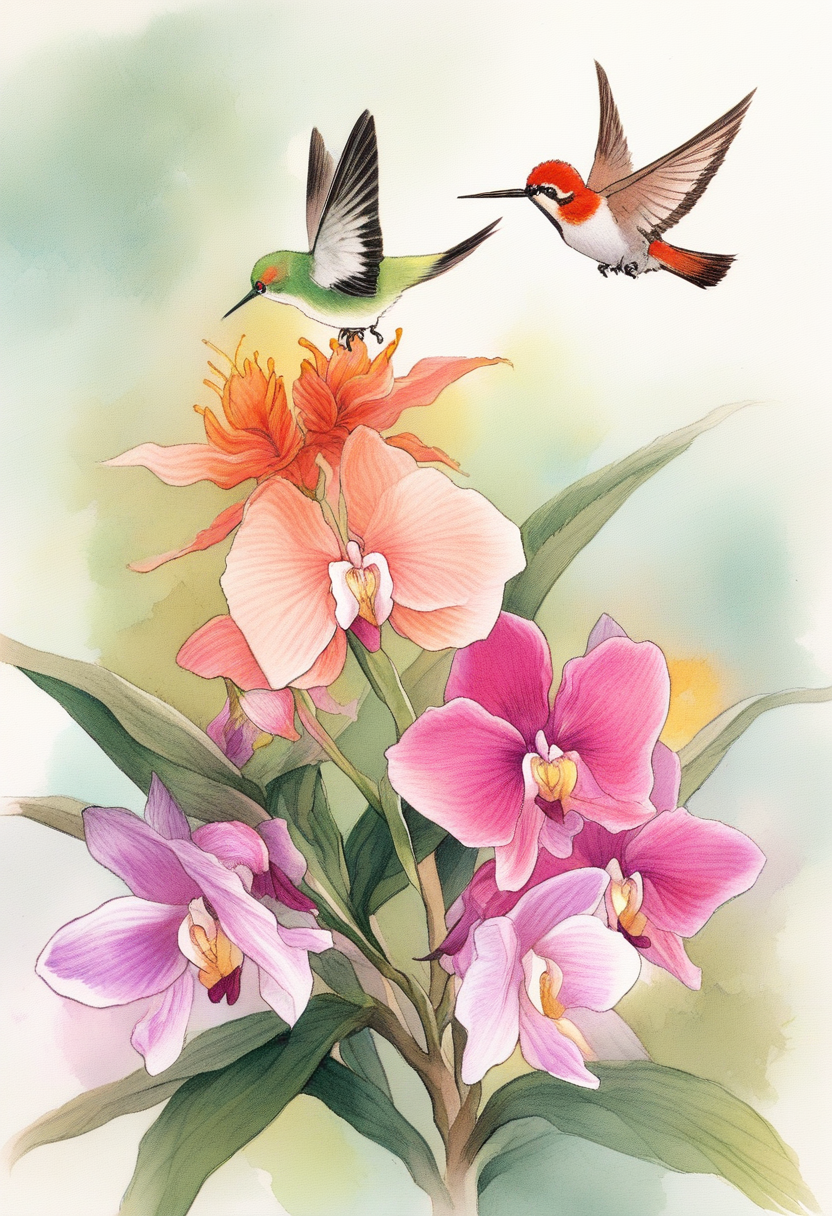 Detailed botanical illustration of exotic orchids and hummingbirds, scientific drawing style with delicate ink lines and soft watercolor washes
