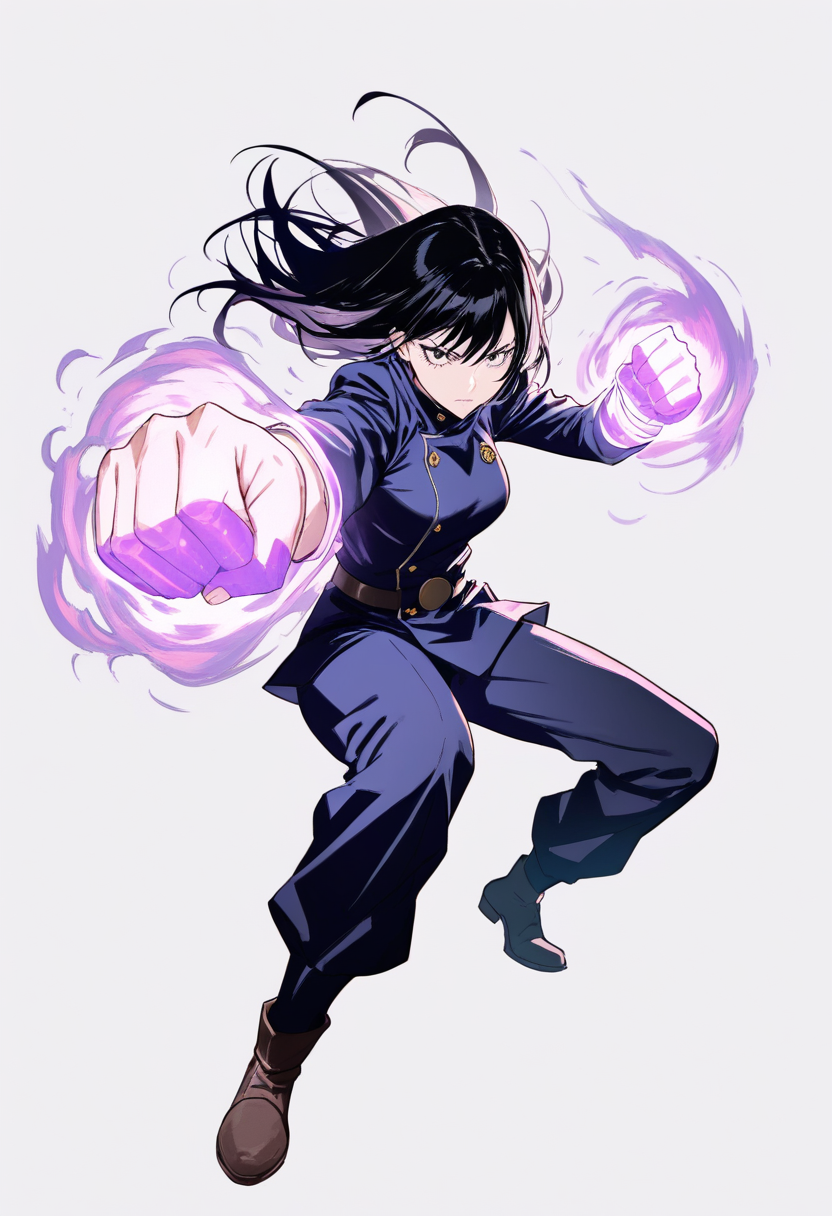 A Tokyo Jujutsu High student with long black hair and white streak, glowing purple cursed energy aura around fists, dark blue uniform