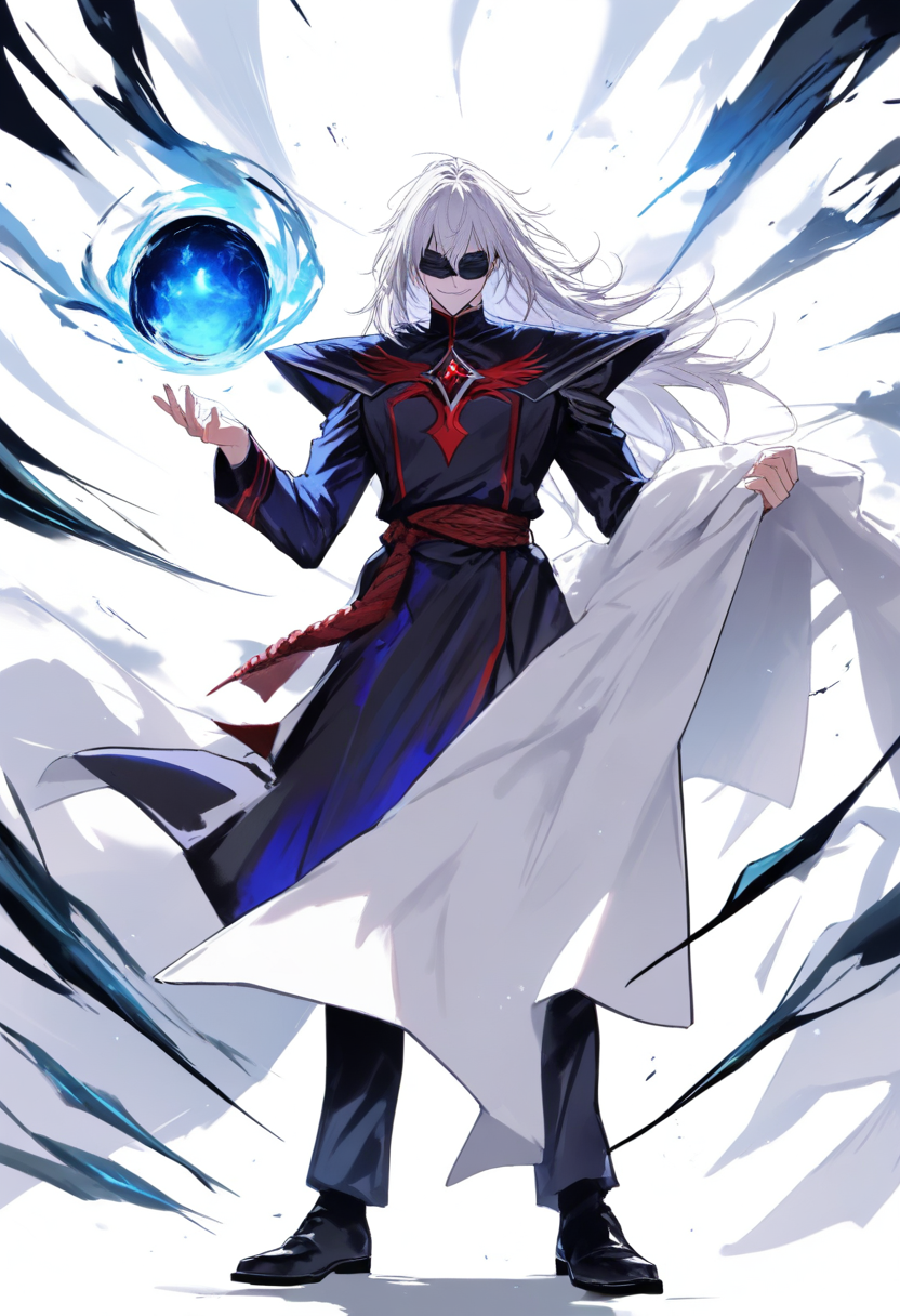 A blindfolded jujutsu sorcerer with messy silver hair, blue cursed energy orb floating above palm, smirking expression