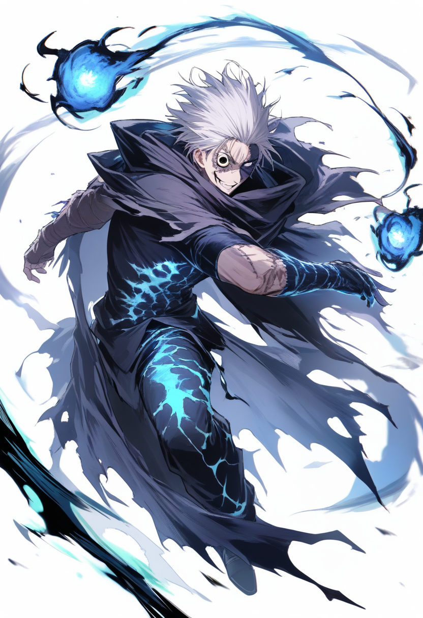 A cursed spirit hybrid in dark tattered cloak, patchwork skin with cursed markings, one normal eye one cursed black eye with white iris