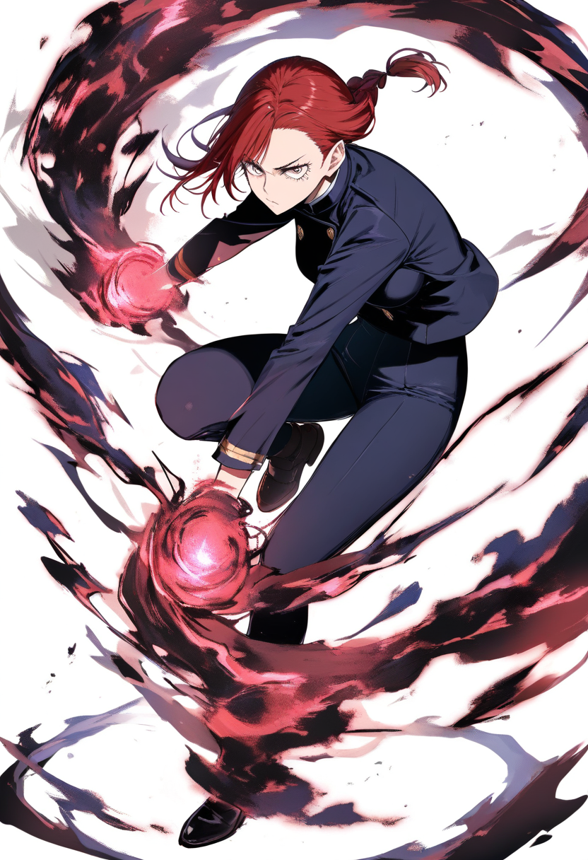 A jujutsu sorcerer with short pink hair undercut, mechanical cursed tool gauntlets, fierce amber eyes, green cursed energy sparks