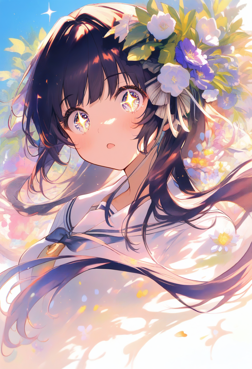 Beautiful shoujo heroine with large sparkling eyes, long flowing hair adorned with flowers, elegant school uniform, soft screentone shading