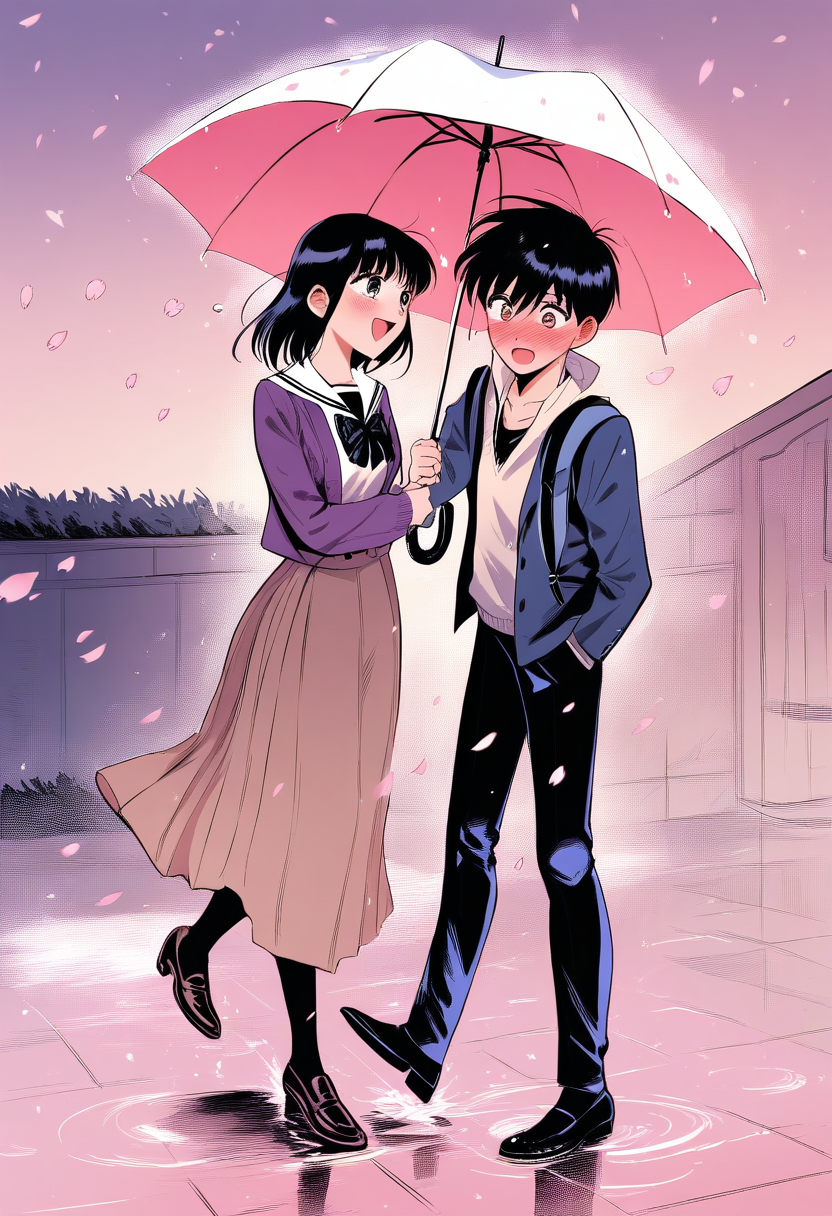 Two students sharing an umbrella in the rain, blushing, school romance manga style, cherry blossom petals in puddles, gentle screentones