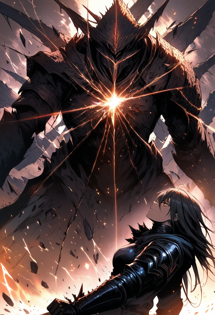 Dark fantasy manga scene, a knight in black armor facing a towering demon, shattered ground, dramatic lighting, heavy crosshatching