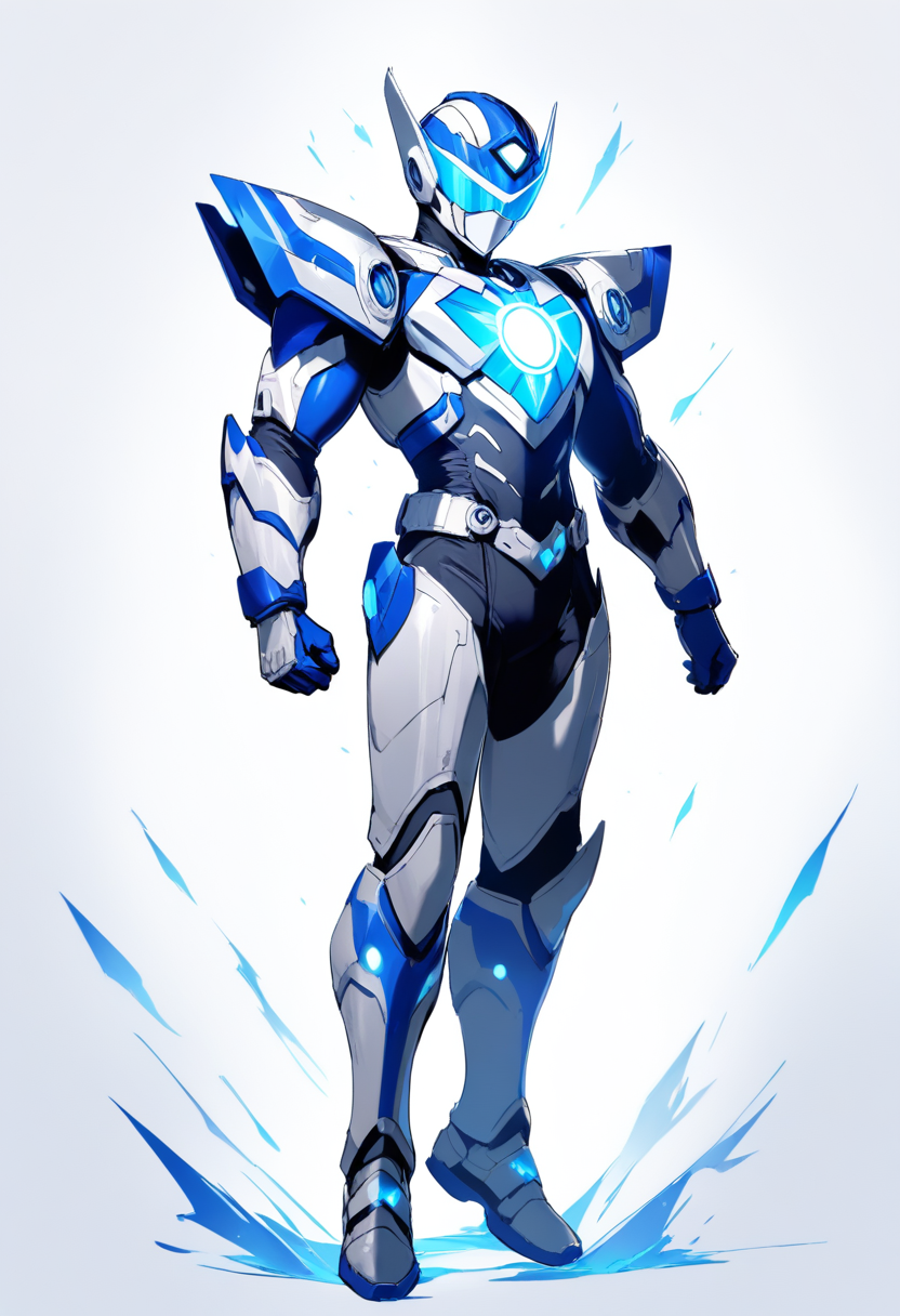 An armored superhero in silver and blue power armor with glowing arc reactor on chest, helmet visor, hovering