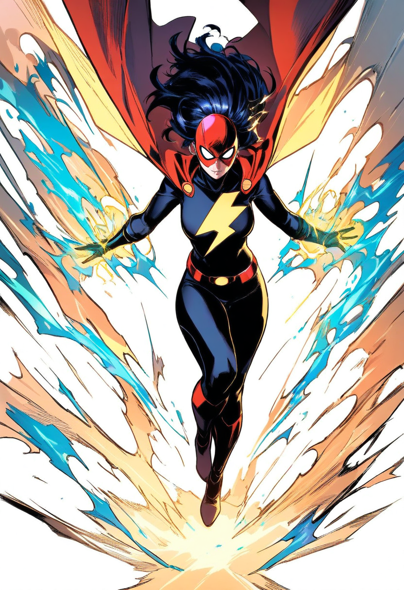 A cosmic heroine in purple starfield bodysuit, glowing eyes, cosmic energy aura, long silver hair flowing