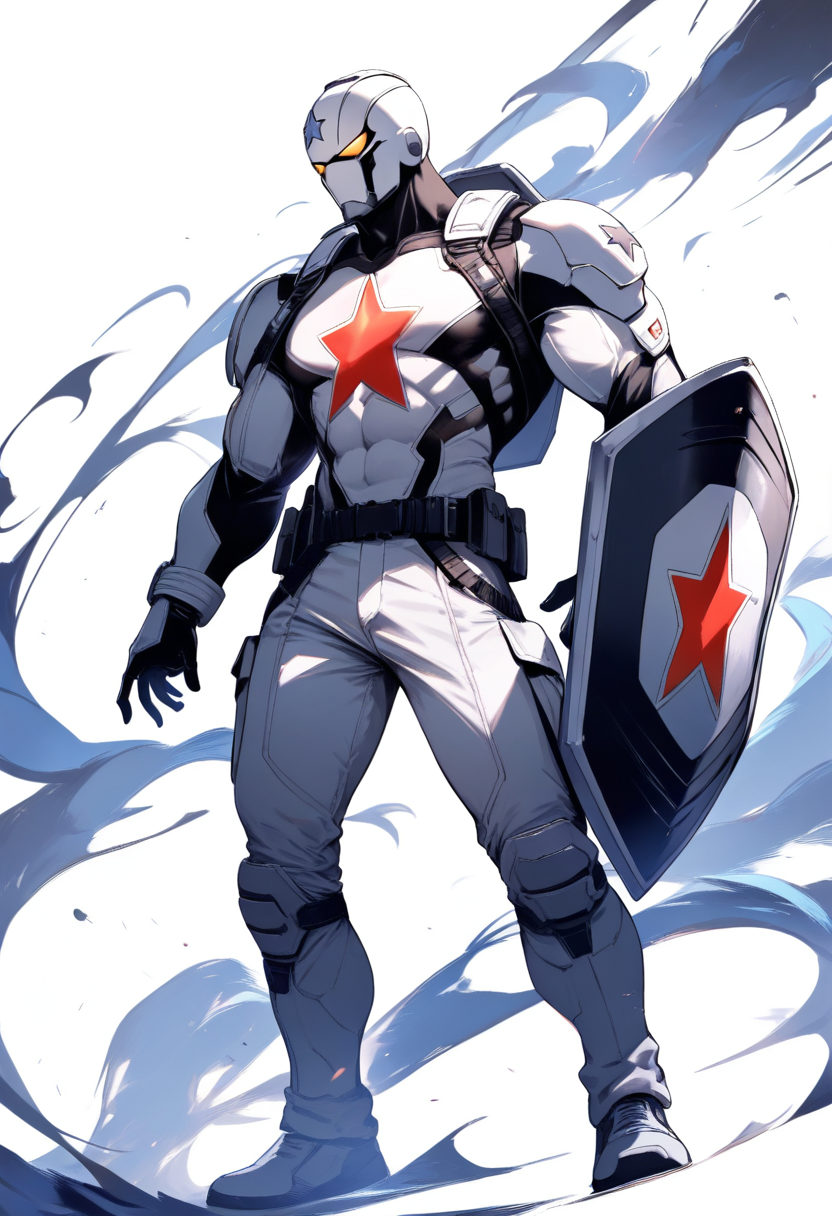 A super soldier in blue and white tactical suit with star emblem on chest, shield on back, determined expression