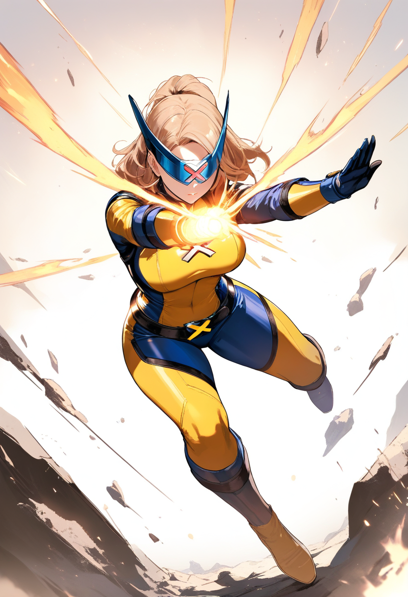 A mutant heroine with white hair and green streak, black leather outfit, glowing green hands, levitating