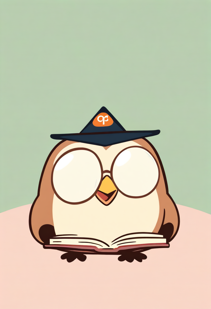 A wise cartoon owl mascot with big round glasses, graduation cap, holding an open book, warm smile, educational brand, clean vector style