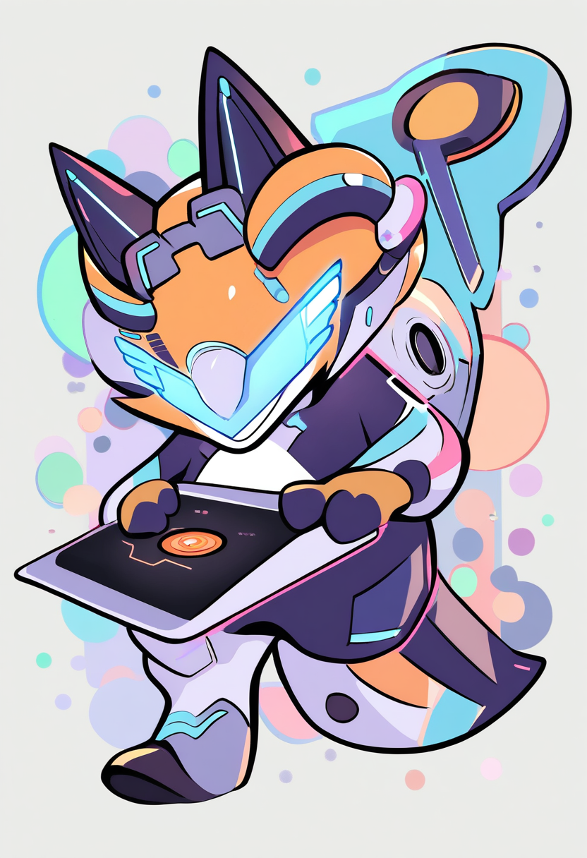A sleek tech fox mascot with futuristic visor, glowing circuit patterns on fur, holding a tablet, modern startup brand mascot, clean design
