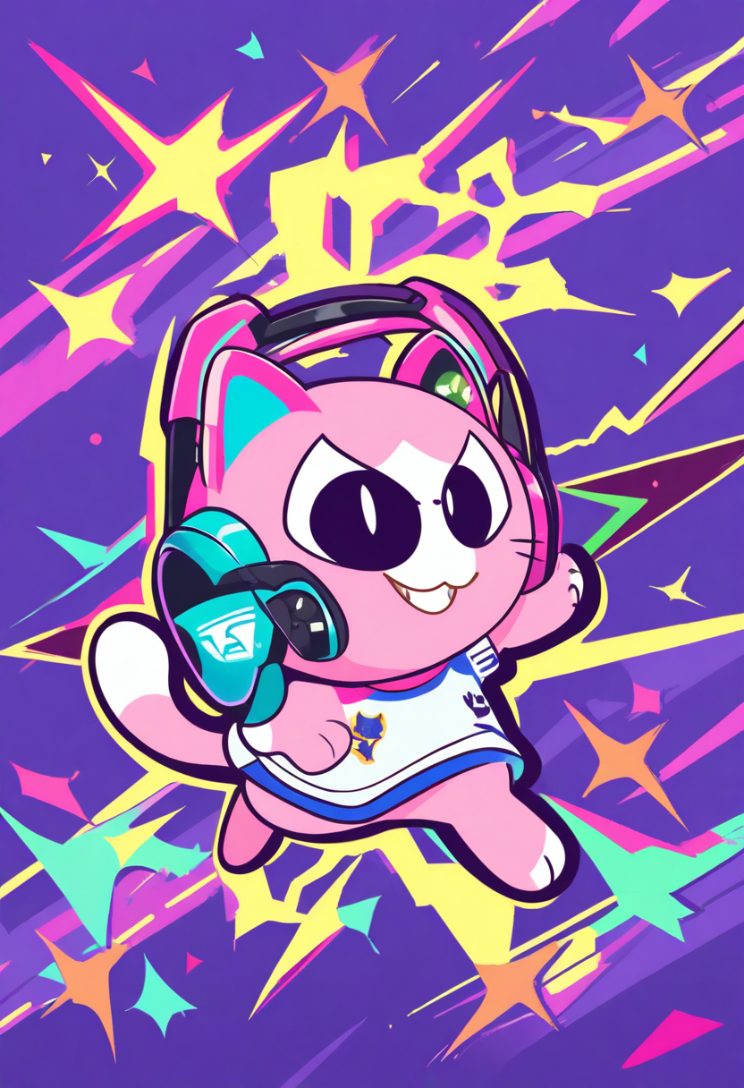 A cool cat gamer mascot with neon headset, gaming controller, confident smirk, glowing purple eyes, esports team mascot, dynamic pose