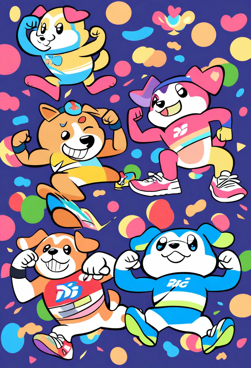 An athletic dog fitness mascot with sweatband, flexing muscles, running shoes, motivational thumbs up, gym brand character, energetic pose