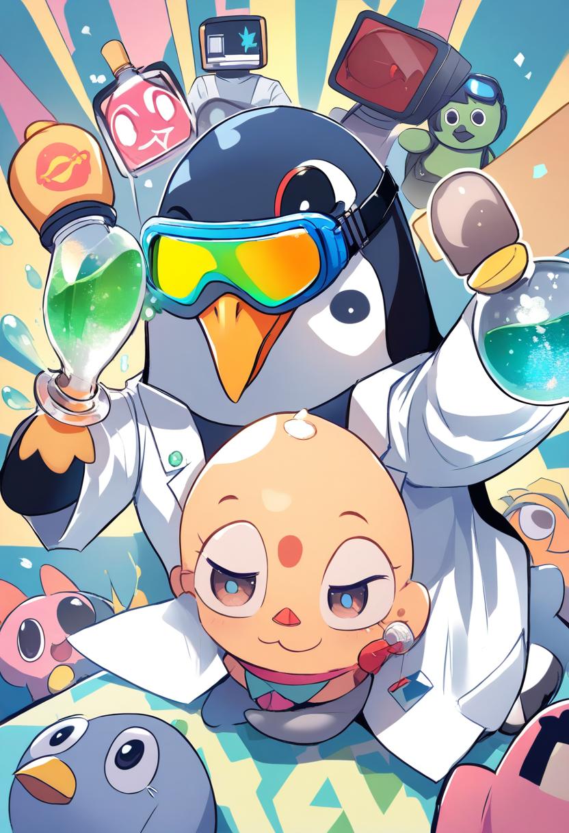 A curious penguin science mascot with lab coat, safety goggles, holding a bubbling flask, excited expression, STEM education brand character