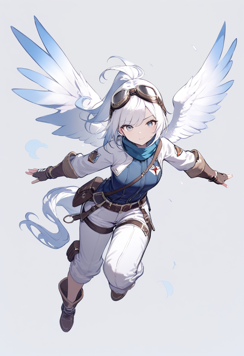 A pegasus girl with sky blue skin, cloud-like white hair, small wings, aviator goggles on head in a flying pose