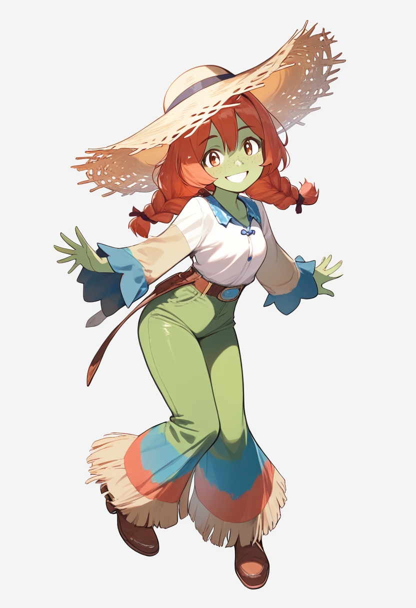 An earth pony girl with green skin, apple-red braided hair, freckles, cowgirl outfit and straw hat, cheerful smile