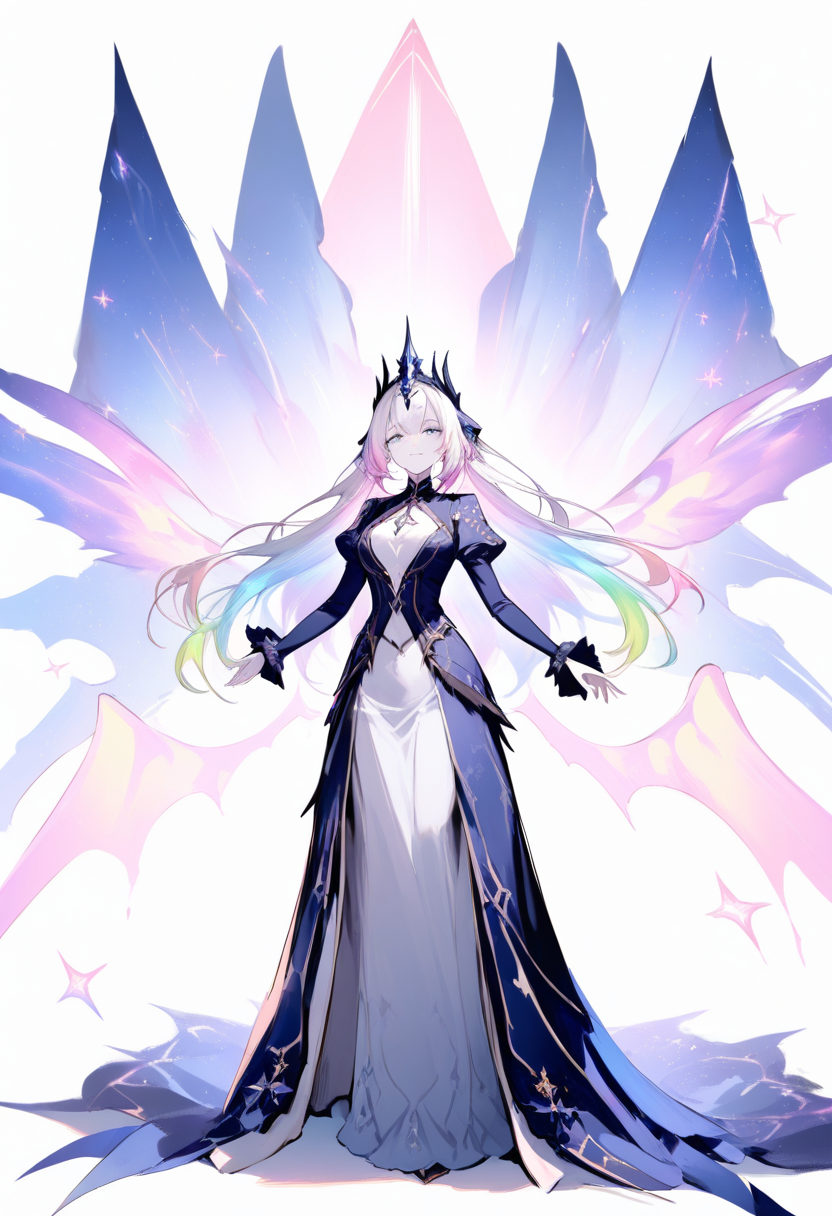 An alicorn princess with white skin, flowing pastel rainbow hair, crown, ethereal wings in a regal pose with celestial glow