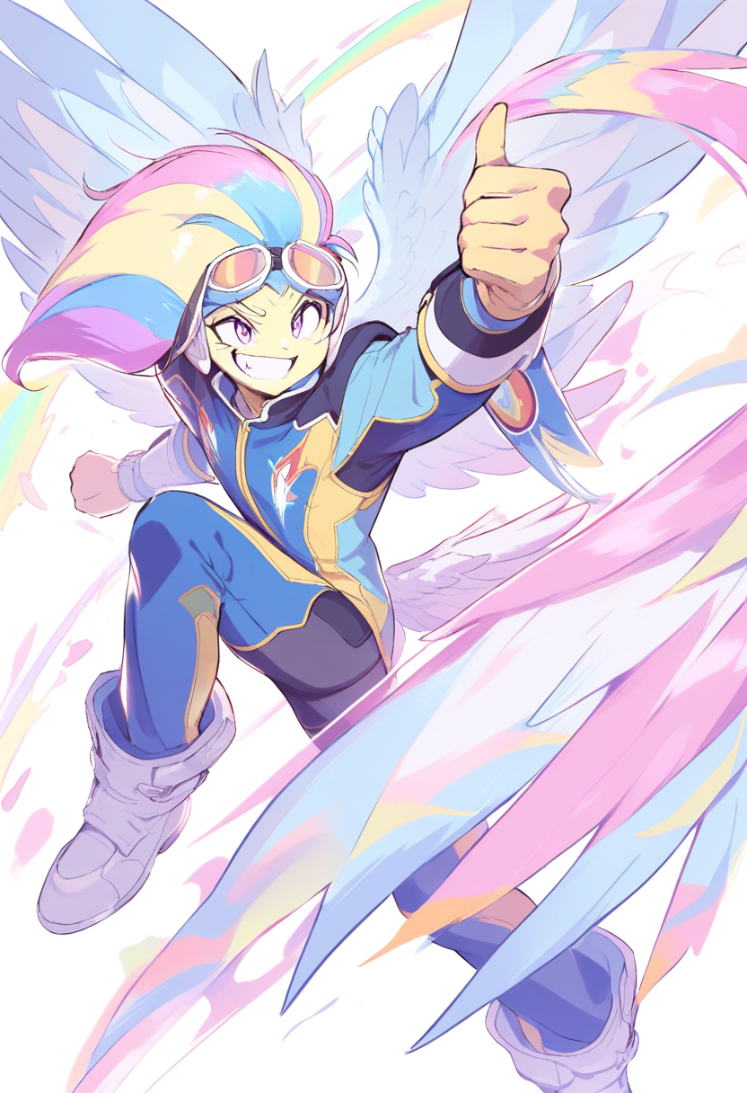 A pony boy with orange skin, wild blue mane, pegasus wings, sporty outfit with a confident grin in an athletic pose