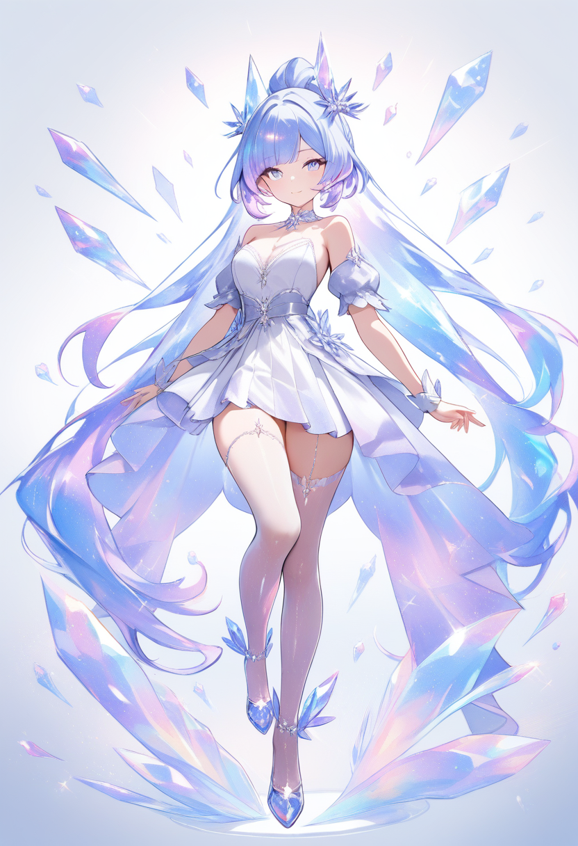 A crystal pony girl with translucent sparkling skin, prismatic hair, crystal accessories, glittering in an elegant pose