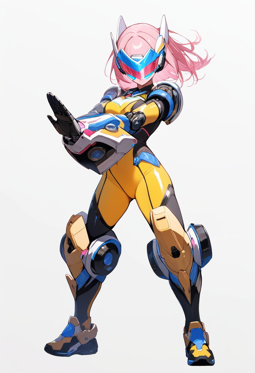 A support gear heroine in yellow and black bodysuit with tech visor and mechanical arm gauntlet, short pink hair