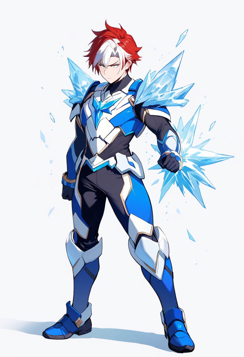 A pro hero in white and blue armored suit with ice crystals forming on arm, half white half red hair, stoic expression