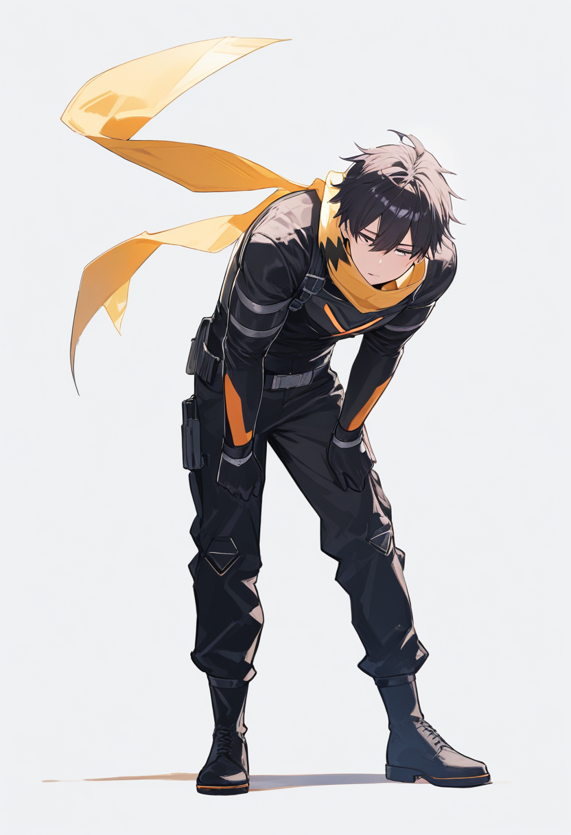 An underground hero in all black stealth suit with capture tape scarf, wild dark hair, tired eyes in a slouching pose