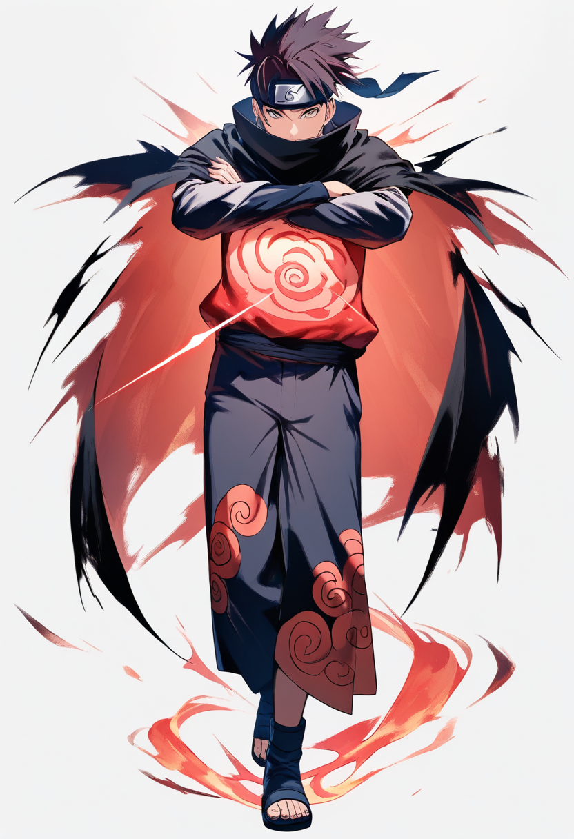 An akatsuki member in black cloak with red cloud pattern, slashed village headband, sharingan eyes glowing red, black spiky hair