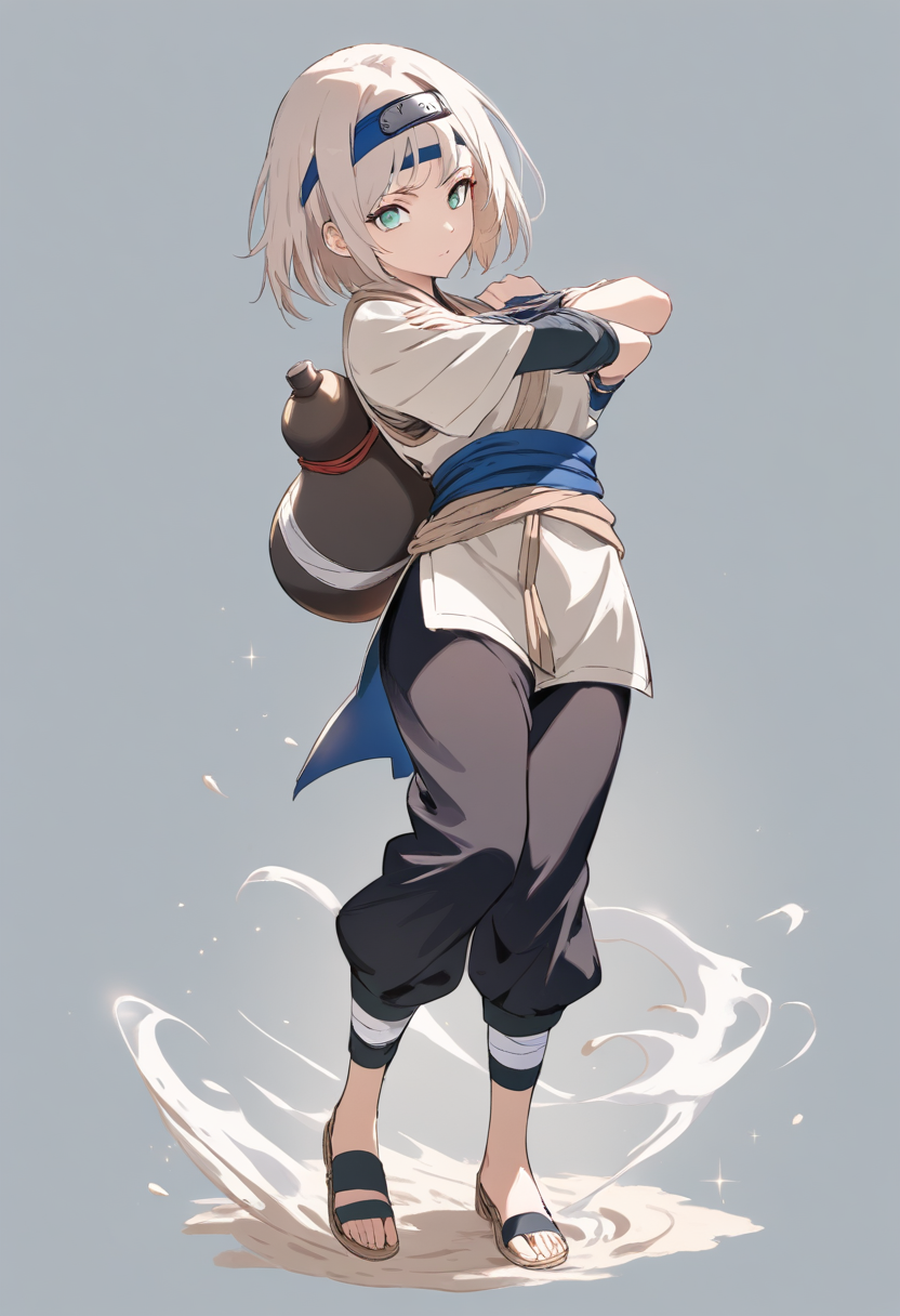 A sand village ninja with sandy brown short hair, teal eyes with dark eyeliner, gourd on back, sand swirling around feet