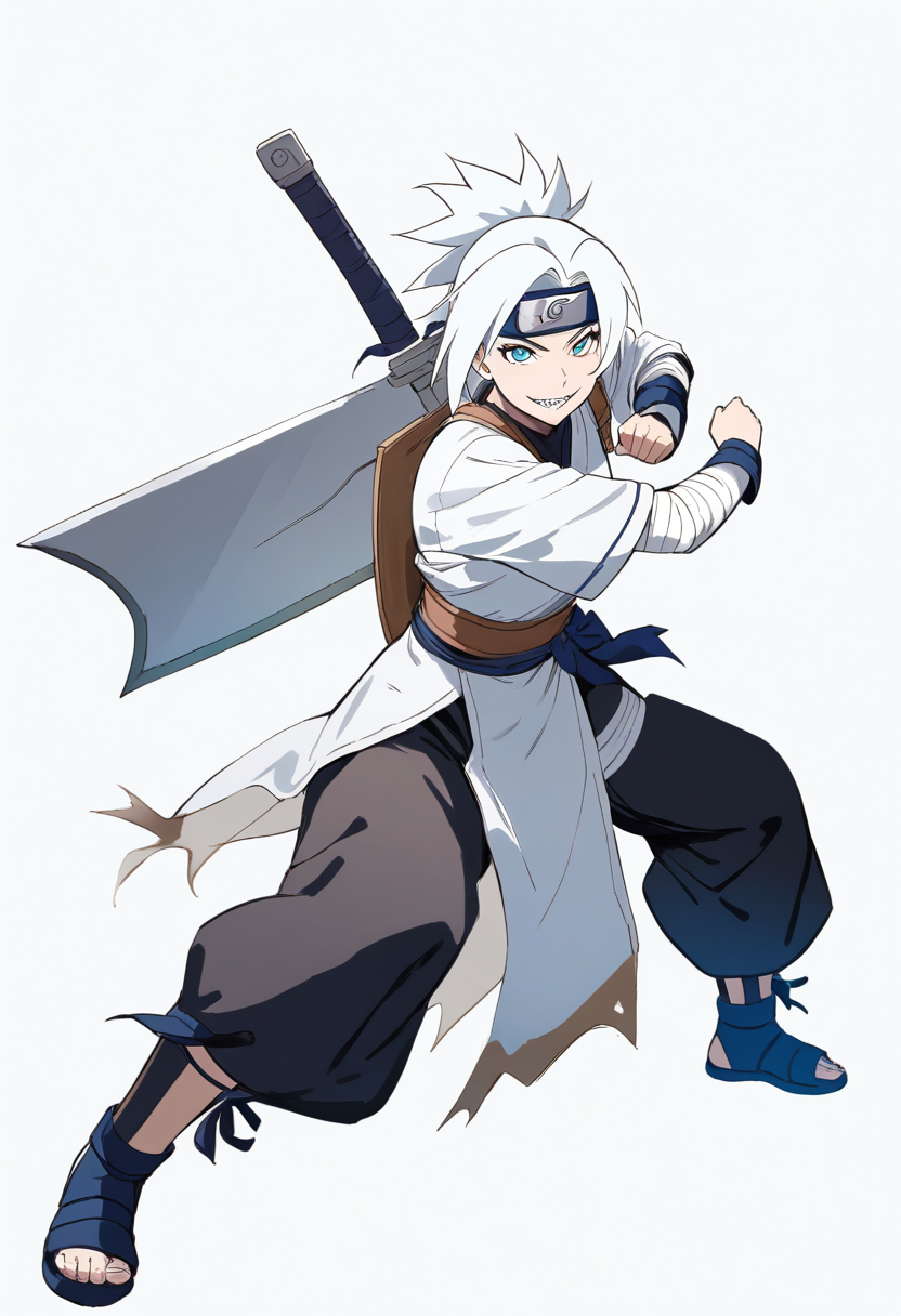 A mist village swordswoman with blue-tinted white hair, sharp teeth grin, executioners blade large sword on back, bandaged arms