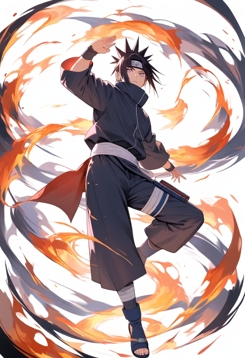 An uchiha clan member with dark spiky hair, mangekyou sharingan eyes, purple susanoo energy ribcage forming, fire jutsu hand sign