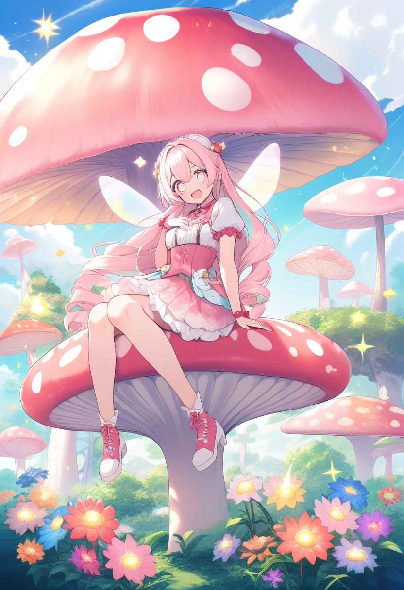 A cute pastel fairy OC with cotton-candy pink hair, big sparkling eyes, delicate translucent wings, sitting on a giant mushroom in an enchanted garden