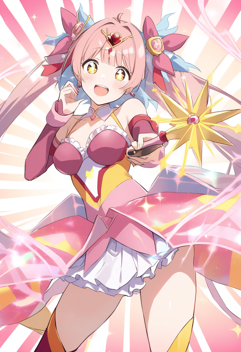 A magical girl OC mid-transformation, ribbons of light swirling around her, sparkling wand raised high, frilly pastel costume forming, dramatic starburst background