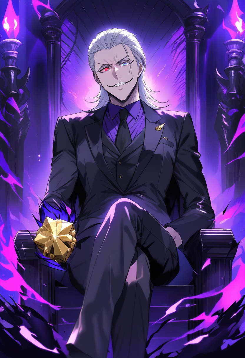A suave villain OC with slicked-back silver hair, heterochromia eyes one violet one gold, sharp black suit, sinister smile, dark throne room with purple flames