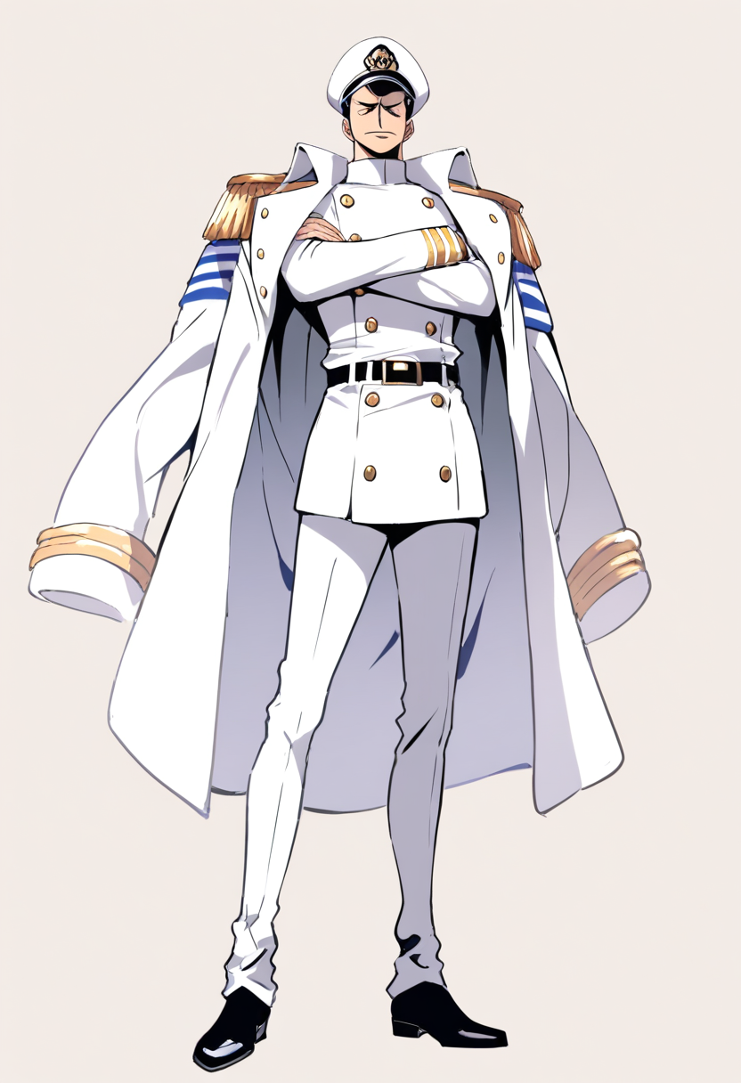 A marine officer with white justice coat draped on shoulders, neat black hair, marine cap, double-breasted suit, arms crossed