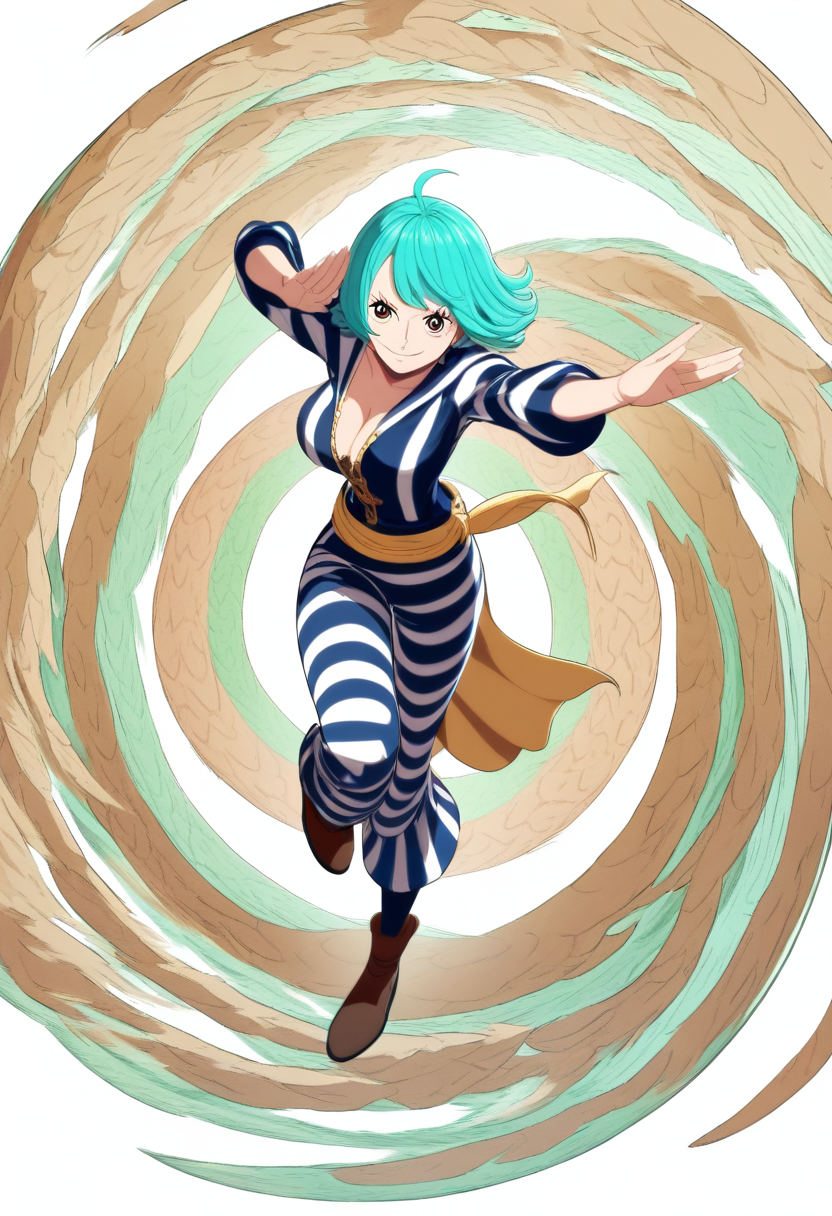 A devil fruit user with arms transformed into giant spring coils, short teal hair, pirate outfit with striped pants, bouncy action pose