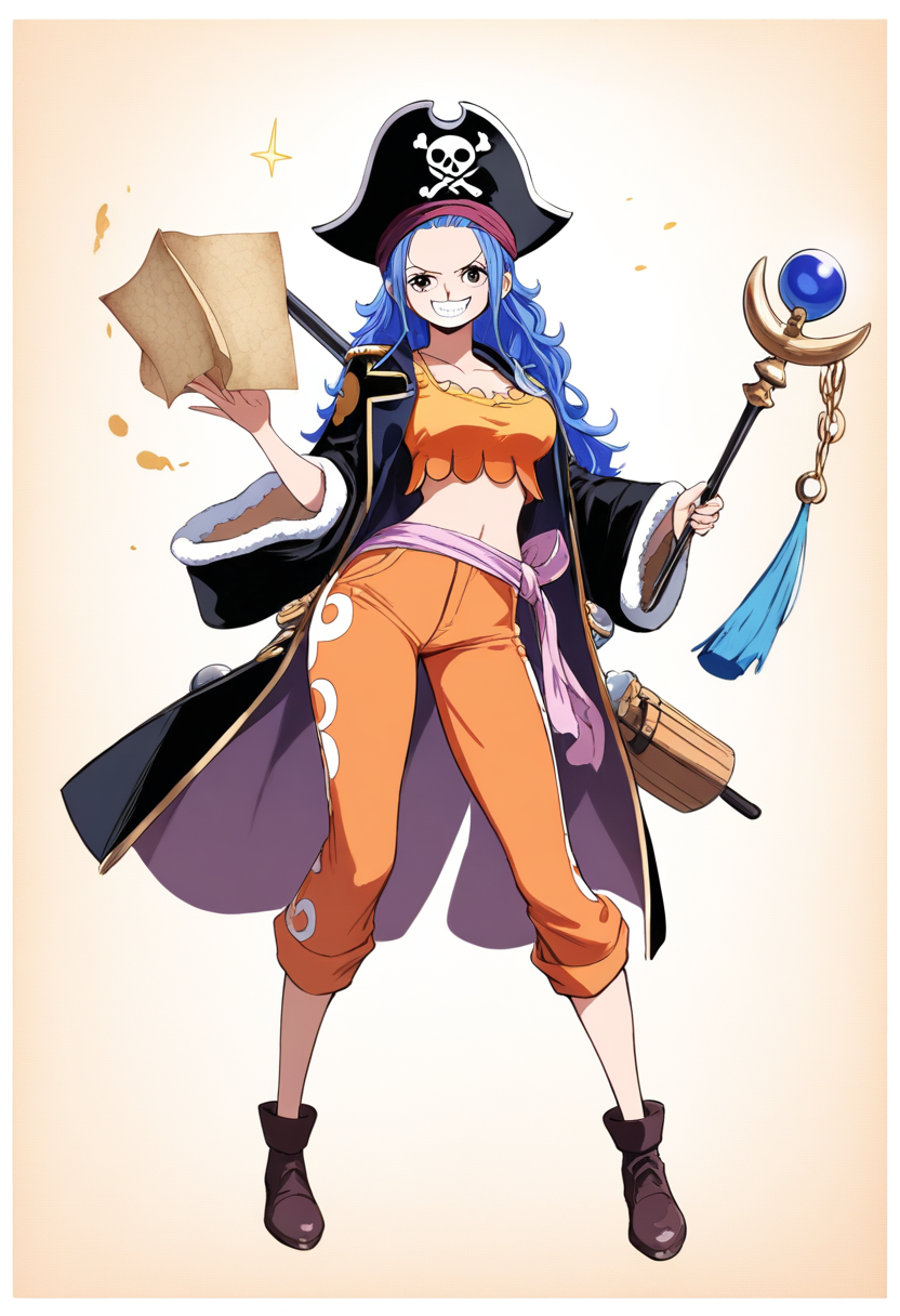 A pirate navigator with orange crop top, blue tattoo on shoulder, short tangerine hair, clima-tact staff weapon, treasure map