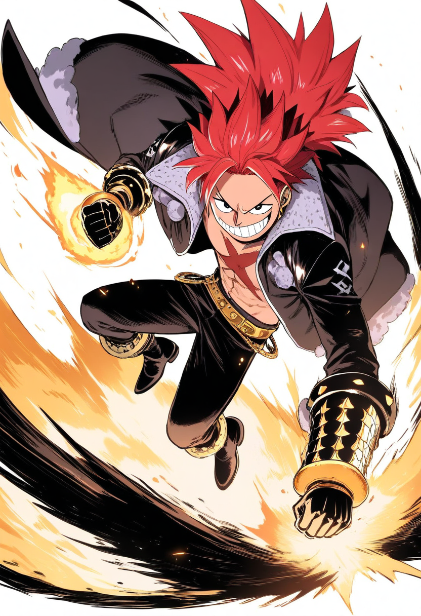 A supernova pirate rookie with wild spiky crimson hair, x-shaped chest scar, black fur-lined coat, devil fruit fire powers