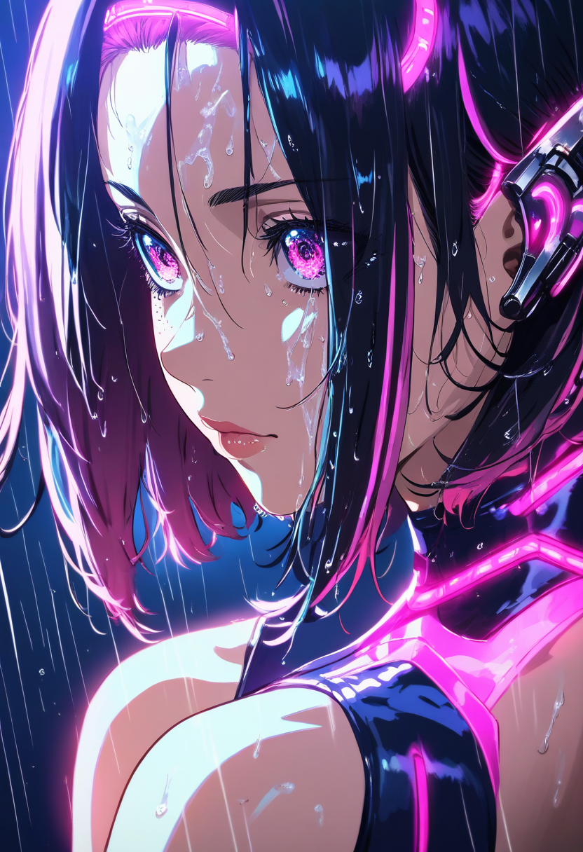 Cyberpunk portrait with neon blue and pink lighting, character with tech visor, circuit tattoos, rain-slicked city reflection, edgy futuristic style