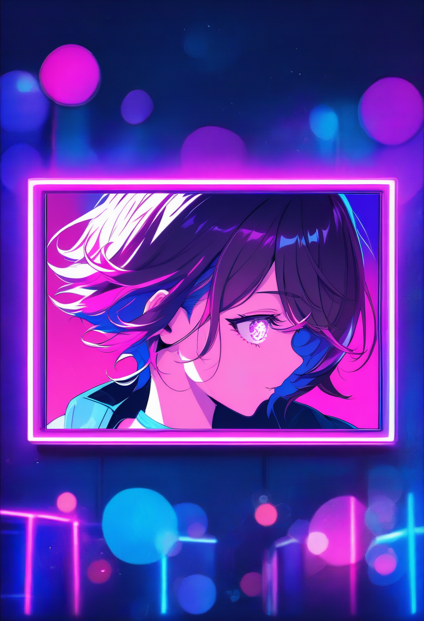 Neon-lit anime portrait, character bathed in vibrant magenta and electric blue light, reflective eyes, urban night background, bold saturated colors
