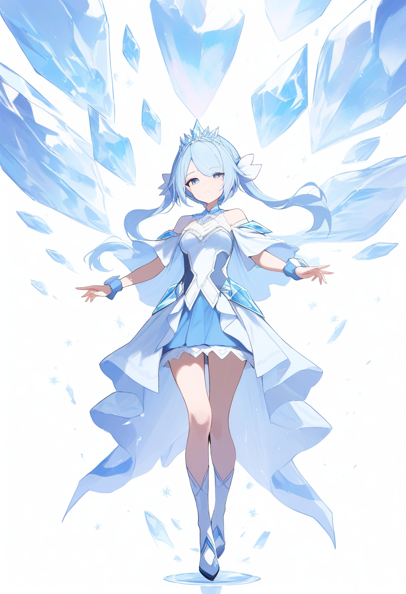 An ice type gym leader with long pale blue hair, crystalline tiara, flowing white and blue dress, ice crystals floating around