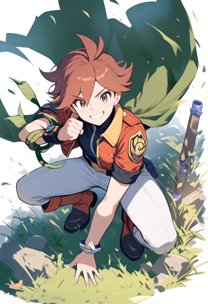 A pokemon ranger in green ranger uniform with cape, styler device on wrist, messy auburn hair, grass type partner pokemon