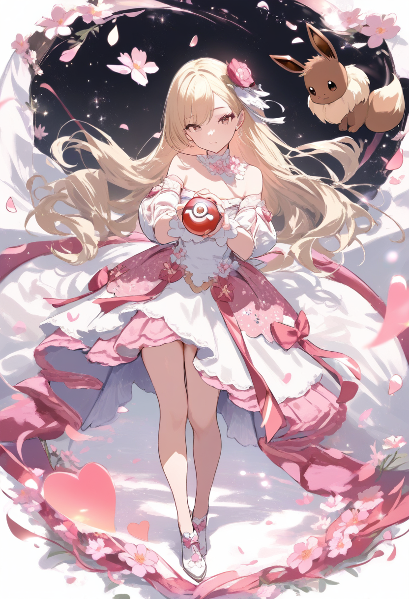 A pokemon coordinator in pink contest dress with ribbons, curled blonde hair with flower accessory, pokeball with heart seal, eevee companion